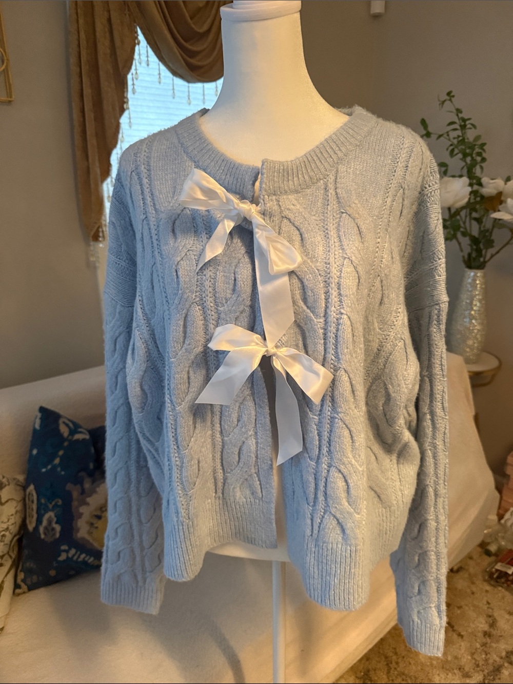 bp Light Blue Cable Knit Cardigan with White Ribbon Ties